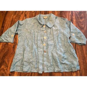 Vtg Teal Blue Linen Jacket Boxy 3/4 Sleeve Cottage Clothing Sz L READ